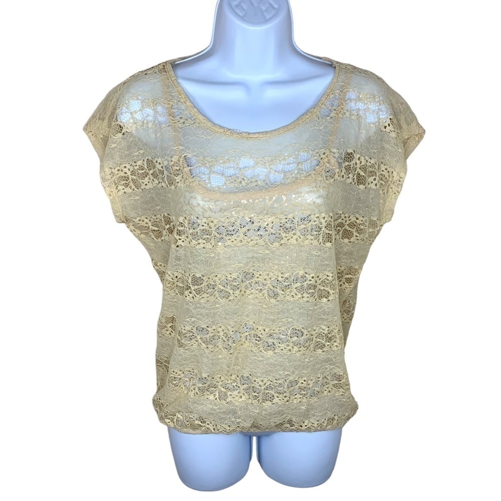 NEW Beige Lace Gold Sequin Blouse Short Sleeve Stretch Eyelash Couture Cottage